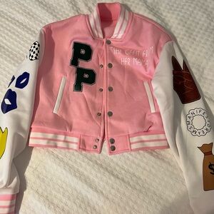 Trendy Pink Varsity Jacket with Graphic Sleeves